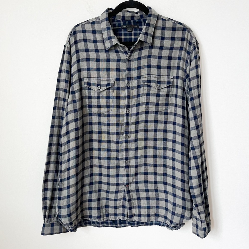 John Varvatos Flannel Plaid Button Down Shirt Mens Large Gray Navy Blue Fall